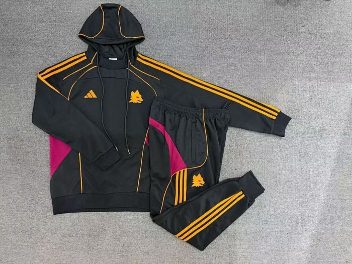 with Caps 2025-2026 As Roma Black Soccer Windbreaker Hoodie and Pants Football Hoody