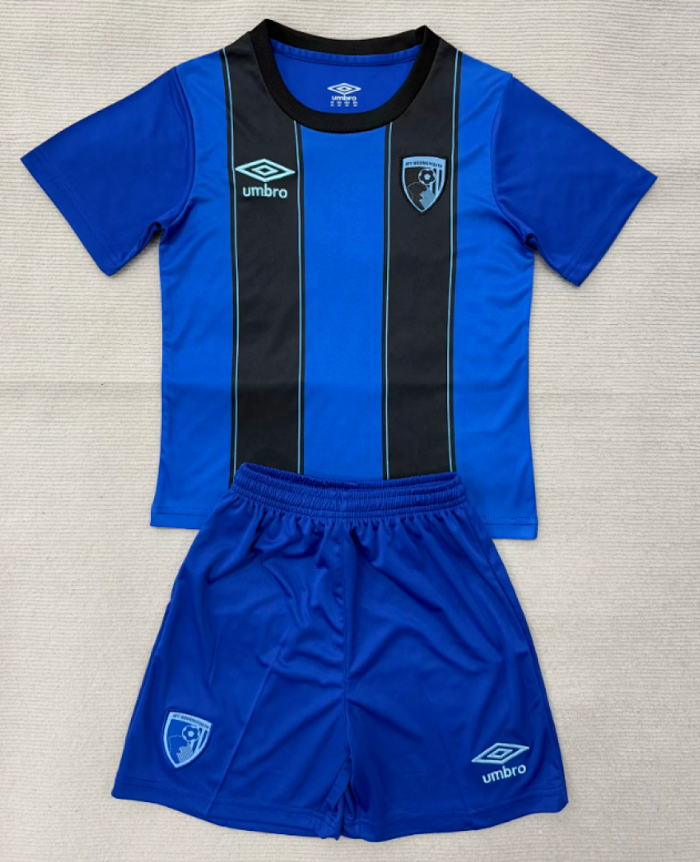 without Sponor Logo Youth Uniform Kids Kit 2025-2026 Bournemouth Away Blue Soccer Jersey Shorts Child Football Set