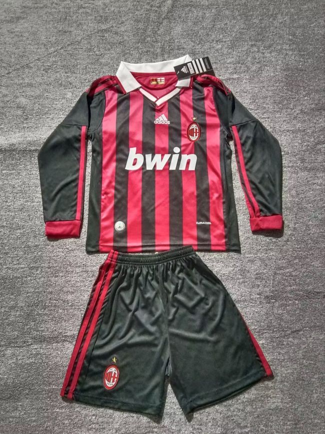 Retro Uniform Long Sleeve Youth Uniform Kids Kit 2009-2010 AC Milan Home Soccer Jersey Shorts Child Football Set
