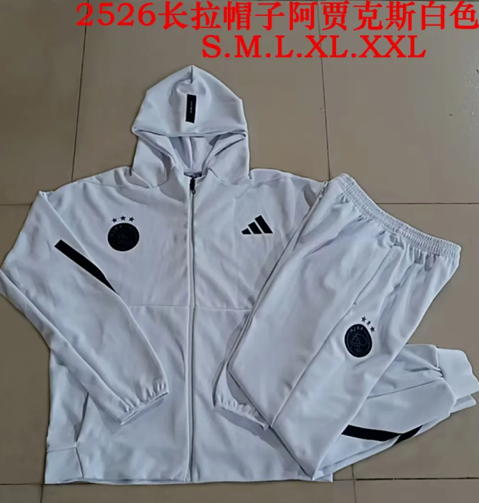 with Caps 2025-2026 Ajax White Soccer Windbreaker Hoodie and Pants Football Hoody