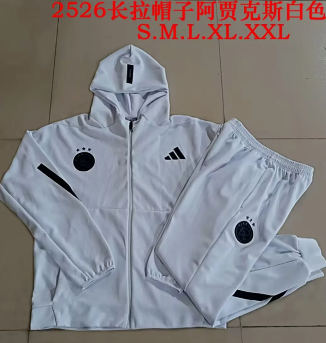with Caps 2025-2026 Ajax White Soccer Windbreaker Hoodie and Pants Football Hoody