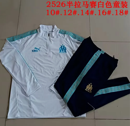 Youth 2025-2026 Marseille White Soccer Training Sweater and Pants Child Football Kit