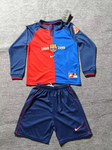 Long Sleeve Retro Youth Uniform Kids Kit 1999-2000 Barcelona Home Soccer Jersey Shorts Vintage Child Football Set