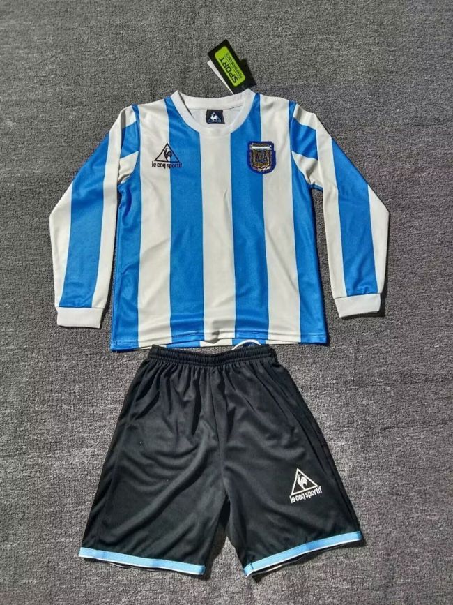 Long Sleeve Retro Youth Uniform Kids Kit 1986 Argentina Home Soccer Jersey Shorts Vintage Child Football Set