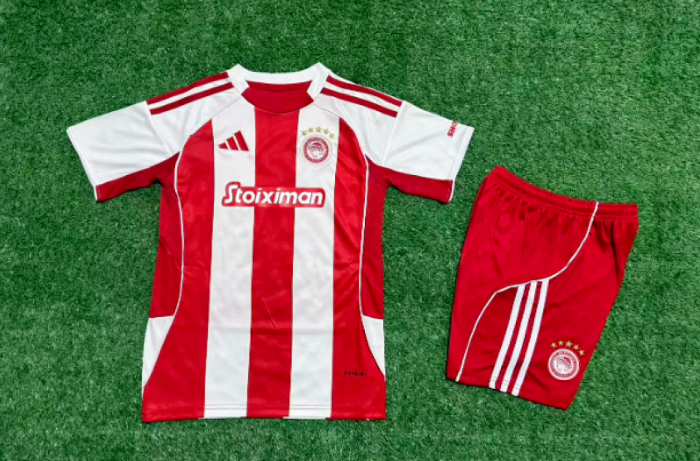 Youth Uniform Kids Kit 2025-2026 Olympiacos Home Soccer Jersey Shorts Child Football Set