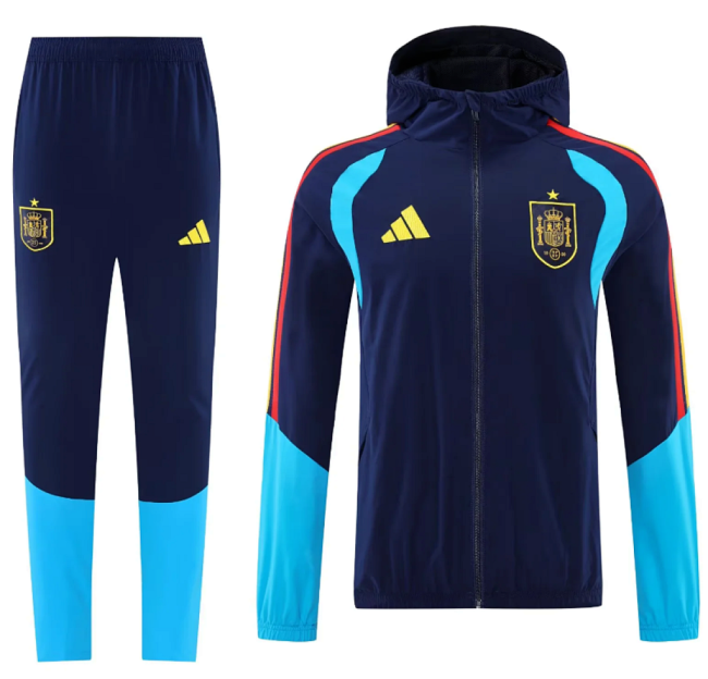 with Caps 2025-2026 Spain Dark Blue Soccer Windbreaker Hoodie and Pants Football Hoody