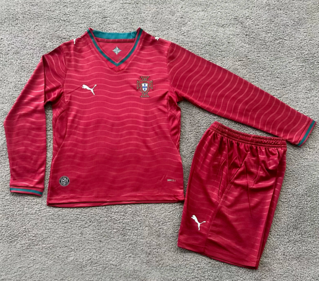 Long Sleeve Youth Uniform Kids Kit 2026 Portugal Home Soccer Jersey Shorts Child Football Set