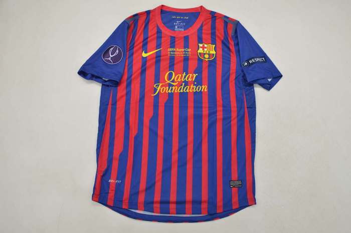 with Front Lettering+UEFA Super Cup Patch Retro Jersey 2011-2012 Barcelona Home Soccer Jersey Vintage Football Shirt