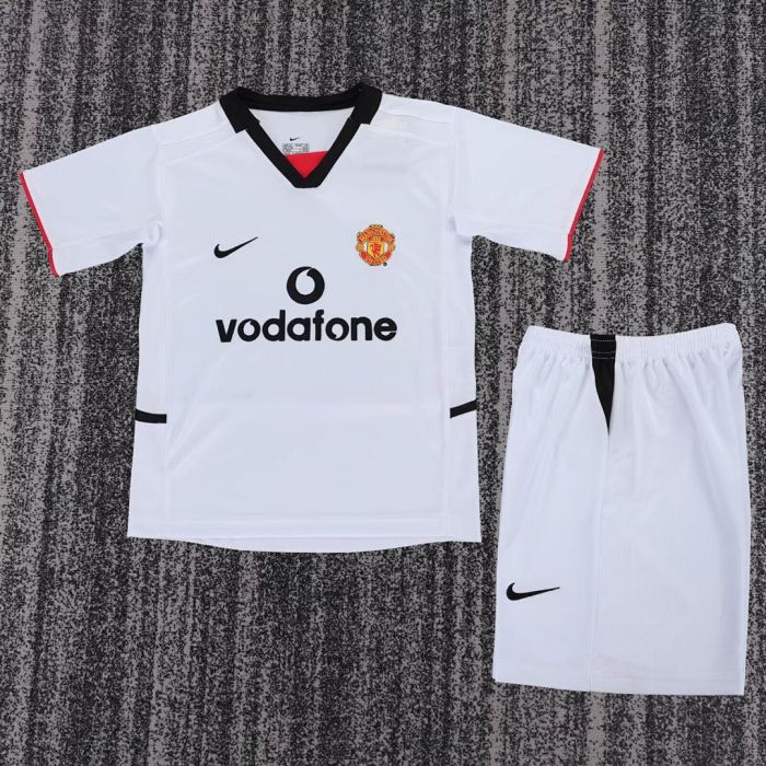 Retro Youth Uniform Kids Kit 2002-2003 Manchester United Away White Soccer Jersey Shorts Vintage Child Football Set