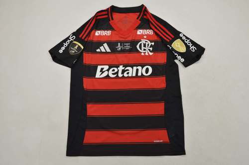 with All Sponor Logos+Front Lettering+Libetador Patches Fan Version 2025-2026 Flamengo DE ARRASCAETA 10 Libetador Final Home Soccer Jersey Football Shirt