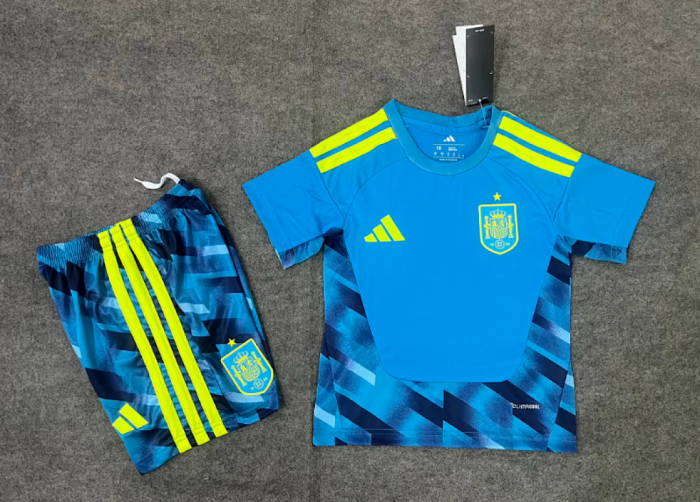 Youth Uniform Kids Kit 2026 Spain Blue Goalkeeper Soccer Jersey Shorts Child Football Set