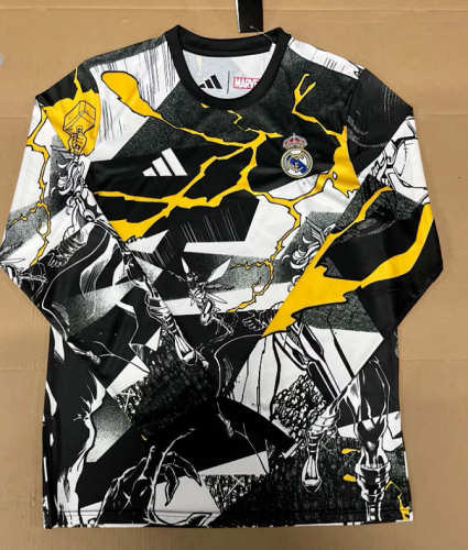 Long Sleeve Fans Version 2025-2026 Real Madrid Black/Yellow Marvel Version Soccer Jersey Real Football Shirt