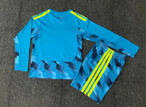 Long Sleeve Youth Uniform Kids Kit 2026 Spain Blue Goalkeeper Soccer Jersey Shorts Child Football Set