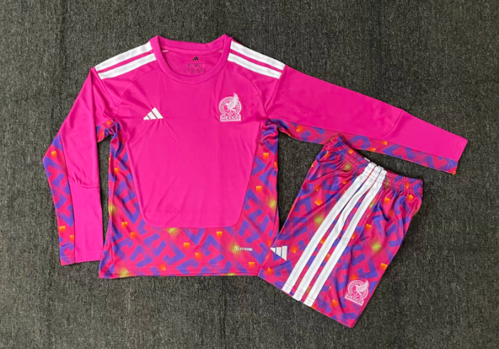 Long Sleeve Youth Uniform Kids Kit 2026 Mexico Pink Goalkeeper Soccer Jersey Shorts Child Football Set
