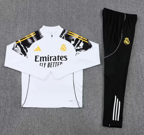 2025-2026 Real Madrid White/Black Soccer Training Sweater and Pants Football Kit