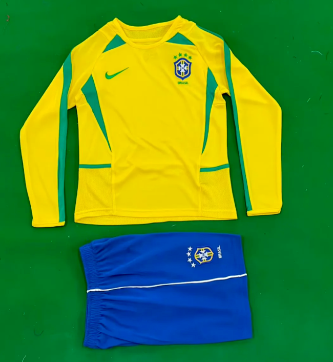 Long Sleeve Retro Youth Uniform Kids Kit 2002 Brazil Home Soccer Jersey Shorts Brasil Child Football Set