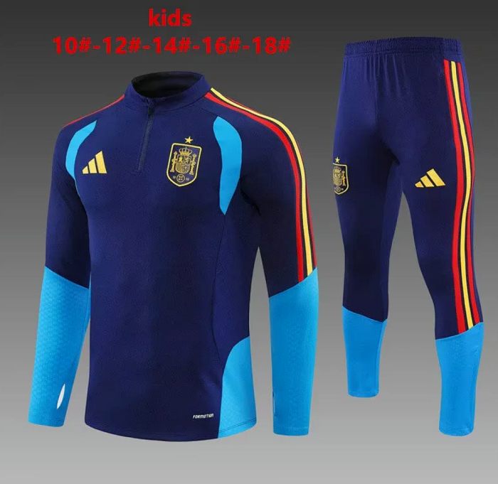 Youth 2025-2026 Spain Dark Blue Training Sweater and Pants Child Football Kit