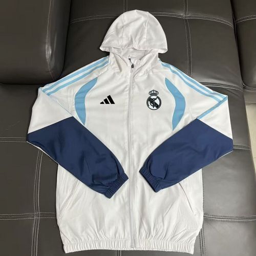with Caps 2025-2026 Real Madrid White/Blue Soccer Windbreaker Jacket Football Jacket