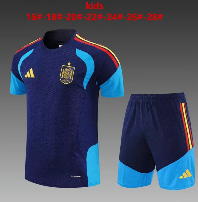 Youth Uniform Kids Kit 2026 Spain Dark Blue Soccer Training Jersey Shorts Child Football Set