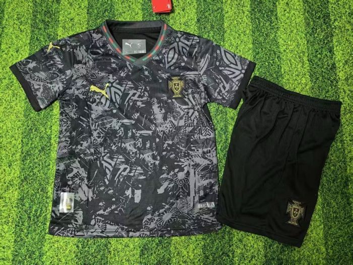 Youth Uniform Kids Kit 2026 Portugal Black/Grey Special Edition Soccer Jersey Shorts Child Football Set