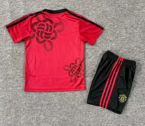Youth Uniform Kids Kit 2025-2026 Manchester United Chinese New Year Edition Red Soccer Jersey Shorts Child Football Set