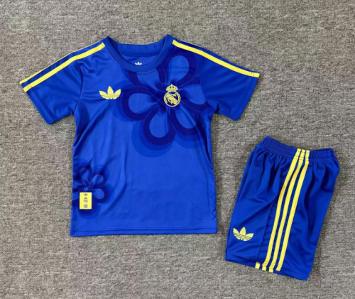 Youth Uniform Kids Kit 2025-2026 Real Madrid Blue Chinese New Year Version Soccer Jersey Shorts Child Football Set