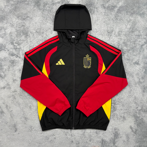 with Cap 2026 BEL Black/Red Soccer Windbreaker Jacket Football Jacket