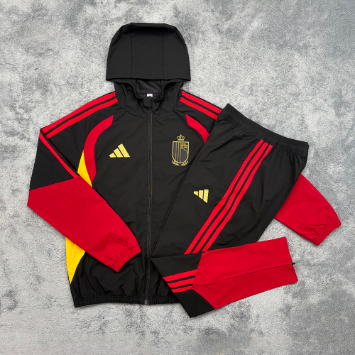 with Caps 2026 BEL Black/Red Soccer Windbreaker Hoodie and Pants Football Hoody