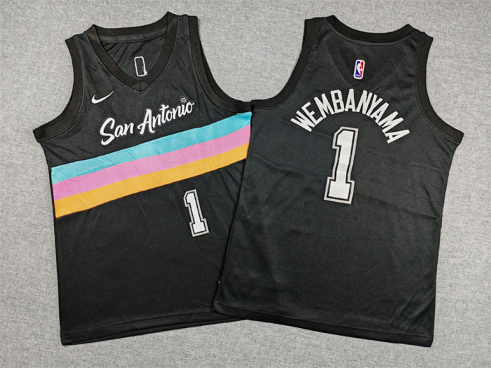 Youth 2026 City Edition San Antonio Spurs 1 WEMBANYAMA Black NBA Jersey Child Basketball Shirt