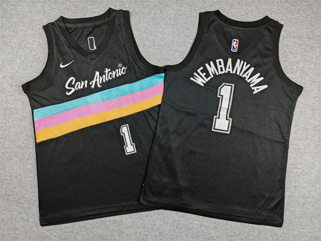 Youth 2026 City Edition San Antonio Spurs 1 WEMBANYAMA Black NBA Jersey Child Basketball Shirt