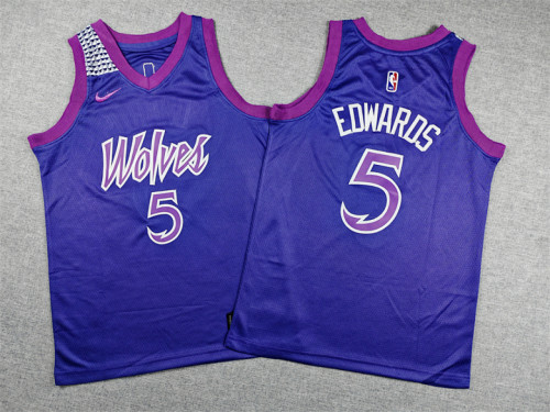 Youth 2026 City Edition Minnesota Timberwolves EDWARDS 5 Purple NBA Jersey Child Basketball Shirt