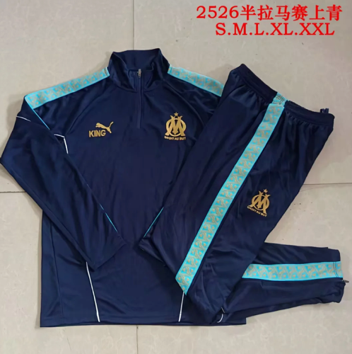 2025-2026 Marseille Dark Blue Soccer Training Sweater and Pants Football Kit