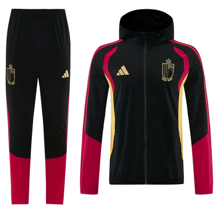 with Caps 2026 BEL Black Soccer Windbreaker Hoodie and Pants Football Hoody