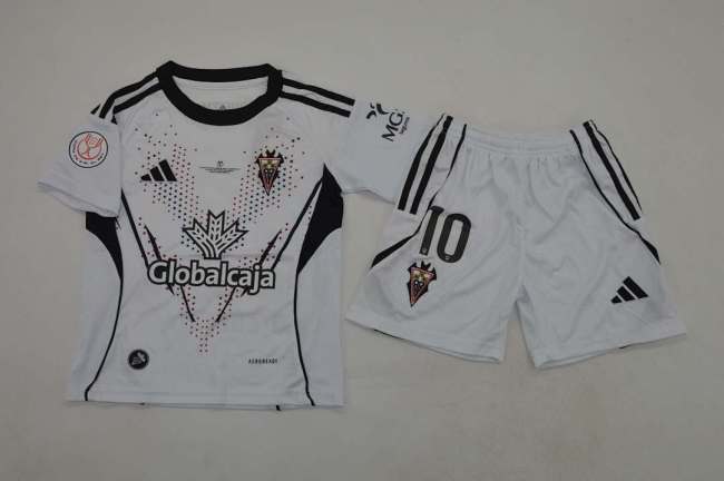 with Front Lettering+Copa De Rey Patch Patch Youth Uniform Kids Kit Albacete 2025-2026 Copa De Rey vs Madrid Home Soccer Jersey Shorts Child Football Set