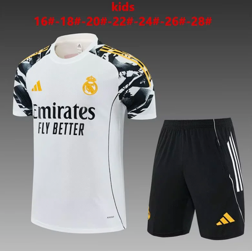 Youth Uniform Kids Kit 2025-2026 Real Madrid White marvel Soccer Training Jersey Shorts  Child Football Set