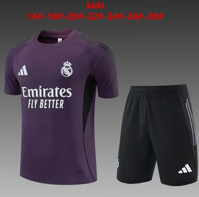 Youth Uniform Kids Kit 2025-2026 Real Madrid Purple Soccer Training Jersey Shorts  Child Football Set
