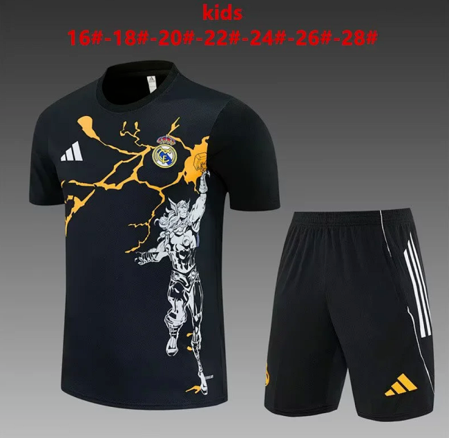 Youth Uniform Kids Kit 2025-2026 Real Madrid black marvel Soccer Training Jersey Shorts Child Football Set