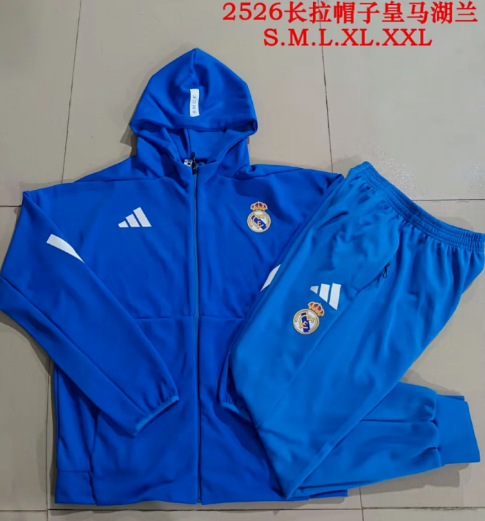 with Caps 2025-2026 Real Madrid Blue Soccer Windbreaker Jacket Football Jacket and Pants