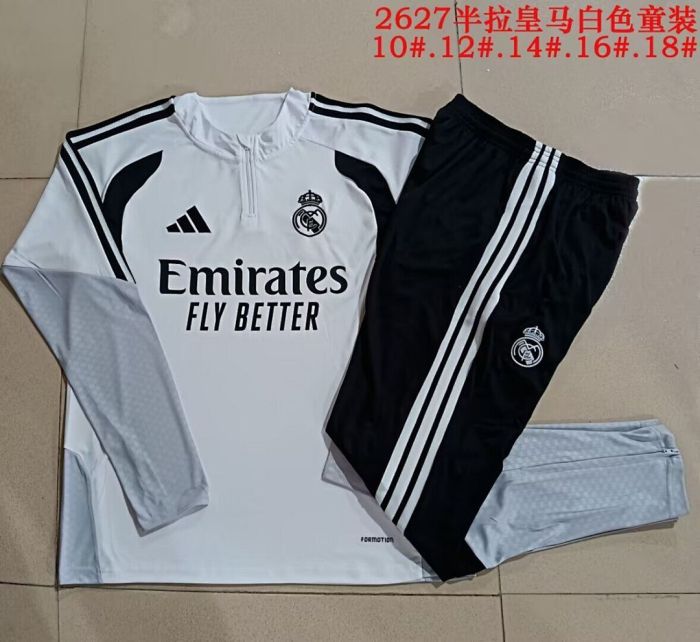 Youth 2026-2027 Real Madrid White Soccer Training Sweater and Pants Child Football Kit