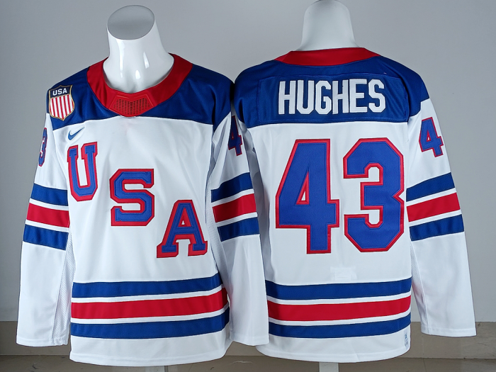 2026 Winter Olympics USA HUGHES 43 White NHL Jersey United States Hockey Shirt
