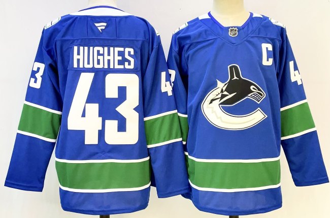 Vancouver Canucks HUGHES 43 Blue NHL Jersey Hockey Shirt