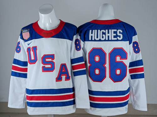 2026 Winter Olympics USA HUGHES 86 White NHL Jersey United States Hockey Shirt