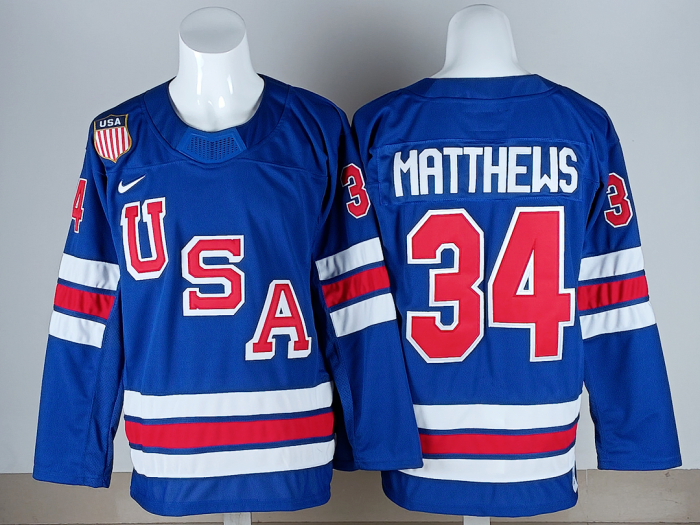 2026 Winter Olympics USA MATTHEWS 34 Blue NHL Jersey United States Hockey Shirt