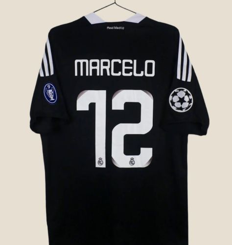 with UCL Patch Retro Jersey 2008-2009 Real Madrid MARCELO 12 Away Black Soccer Jersey Real Vintage Football Shirt