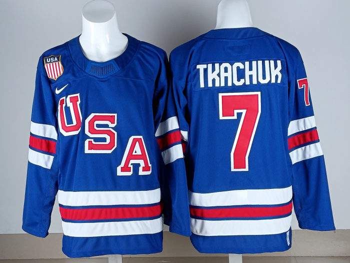 2026 Winter Olympics USA TKACHUK 7 Blue NHL Jersey United States Hockey Shirt