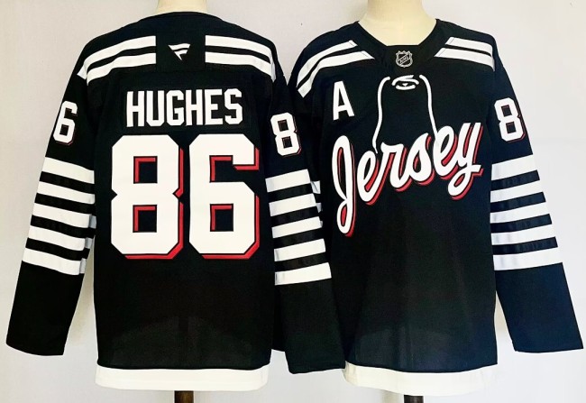 New Jersey Devils HUGHES 86 Black NHL Jersey Hockey Shirt
