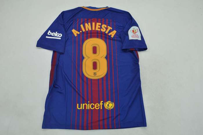 with Front Lettering+Copa De Rey Patch Retro Jersey 2017-2018 Barcelona A.INIESTA 8 Home Soccer Jersey Vintage Football Shirt
