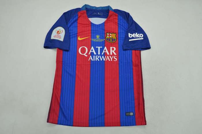with Front Lettering+Copa De Rey Patch Retro Jersey 2016-2017 Barcelona Home Soccer Jersey Vintage Football Shirt