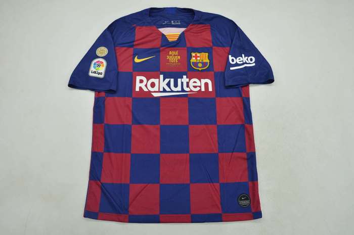with Front Lettering+Liga Champions+LFP Patch Retro Jersey 2019-2020 Barcelona Weall Special Edition Home Soccer Jersey Vintage Football Shirt
