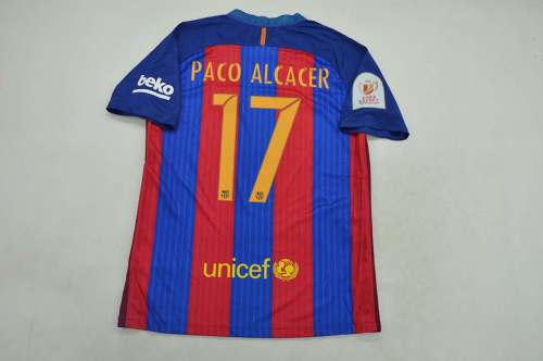 with Front Lettering+Copa De Rey Patch Retro Jersey 2016-2017 Barcelona PACO ALCACER 17 Home Soccer Jersey Vintage Football Shirt